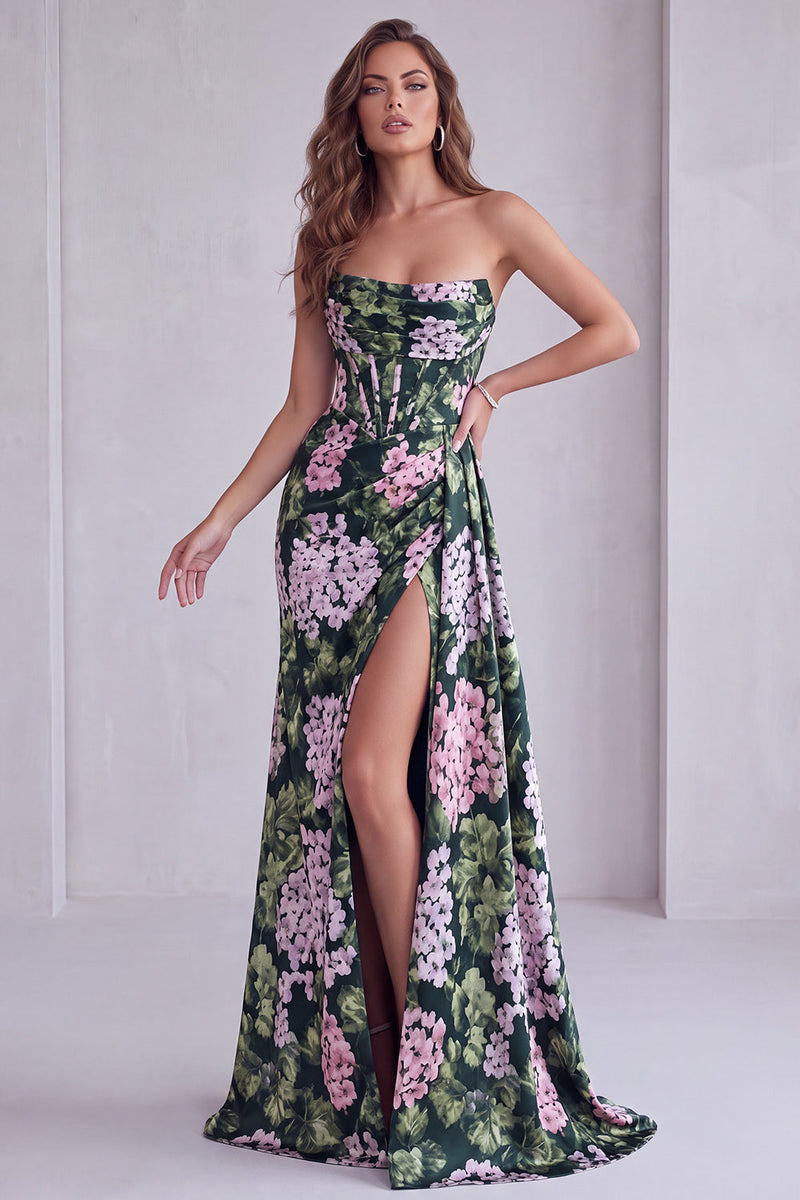 Load image into Gallery viewer, Dark Green Floral Printed Strapless Corset Long Formal Dress with Slit