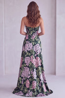Load image into Gallery viewer, Dark Green Floral Printed Strapless Corset Long Formal Dress with Slit