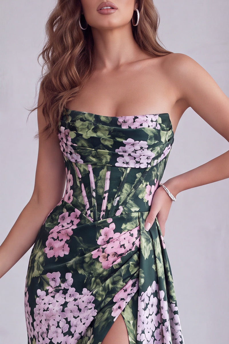 Load image into Gallery viewer, Dark Green Floral Printed Strapless Corset Long Formal Dress with Slit