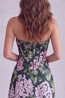 Load image into Gallery viewer, Dark Green Floral Printed Strapless Corset Long Formal Dress with Slit