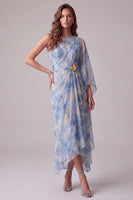 Load image into Gallery viewer, Floral Dusty Blue One Shoulder Sheath Maxi Formal Dress with Sleeves