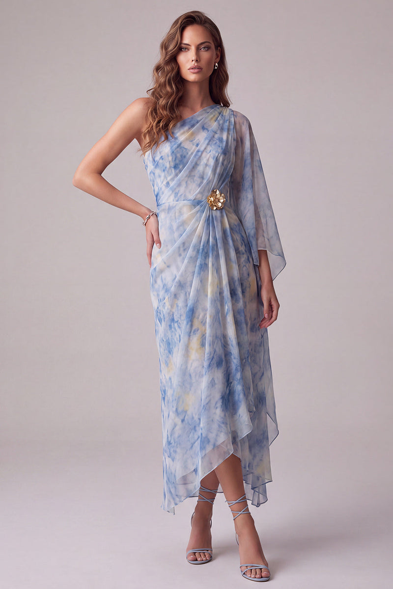 Load image into Gallery viewer, Floral Dusty Blue One Shoulder Sheath Maxi Formal Dress with Sleeves