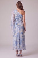 Load image into Gallery viewer, Floral Dusty Blue One Shoulder Sheath Maxi Formal Dress with Sleeves