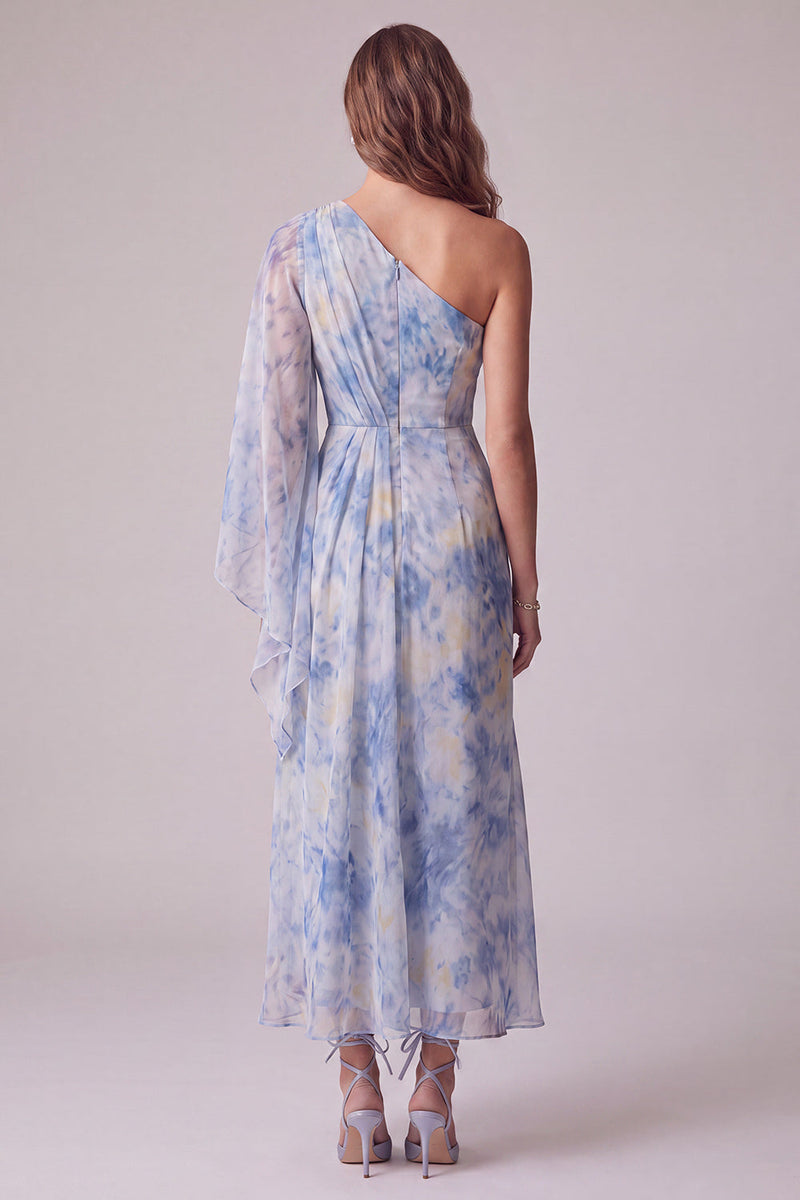 Load image into Gallery viewer, Floral Dusty Blue One Shoulder Sheath Maxi Formal Dress with Sleeves