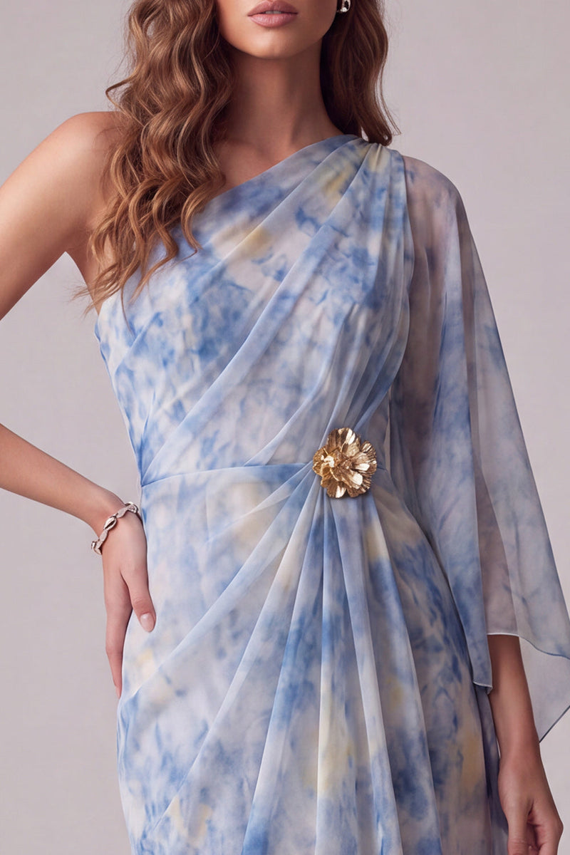 Load image into Gallery viewer, Floral Dusty Blue One Shoulder Sheath Maxi Formal Dress with Sleeves