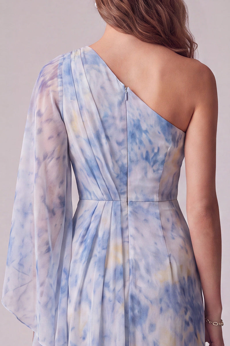 Load image into Gallery viewer, Floral Dusty Blue One Shoulder Sheath Maxi Formal Dress with Sleeves