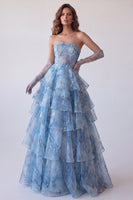 Load image into Gallery viewer, Dusty Blue A Line Ruffled Corset Tiered Long Formal Dress