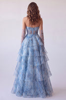 Load image into Gallery viewer, Dusty Blue A Line Ruffled Corset Tiered Long Formal Dress