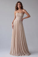 Load image into Gallery viewer, Champagne Pleated A Line Strapless Maxi Formal Dress