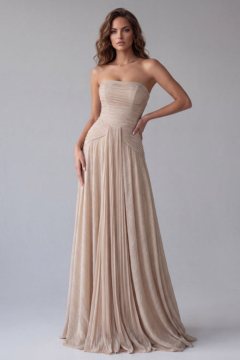 Load image into Gallery viewer, Champagne Pleated A Line Strapless Maxi Formal Dress