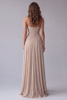 Champagne Pleated A Line Strapless Maxi Formal Dress
