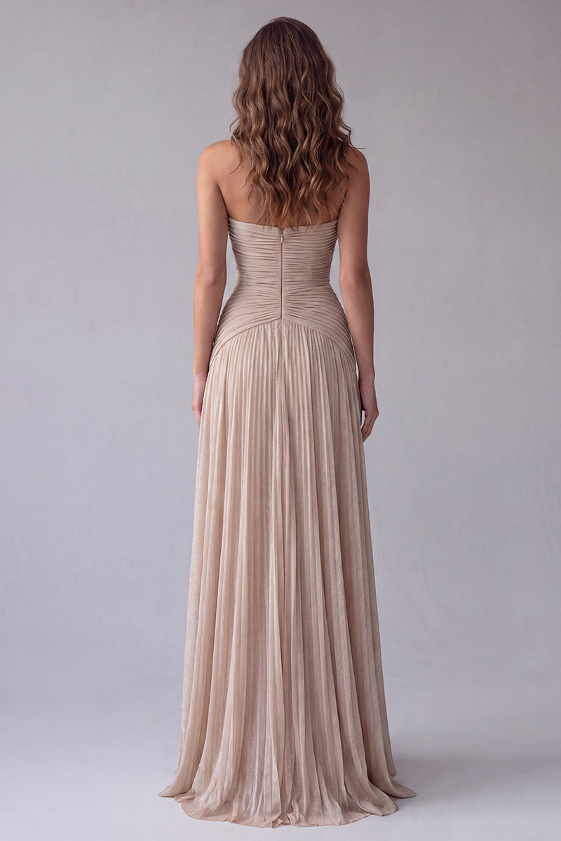 Load image into Gallery viewer, Champagne Pleated A Line Strapless Maxi Formal Dress
