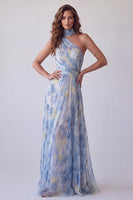 Load image into Gallery viewer, Dusty Blue Floral One Shoulder Pleated Long Formal Dress with Keyhole