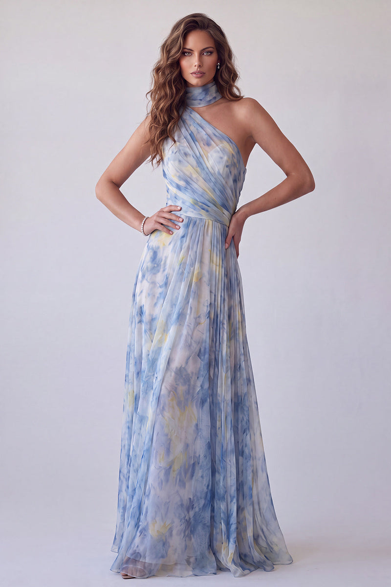 Load image into Gallery viewer, Dusty Blue Floral One Shoulder Pleated Long Formal Dress with Keyhole