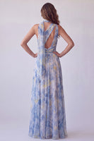 Load image into Gallery viewer, Dusty Blue Floral One Shoulder Pleated Long Formal Dress with Keyhole