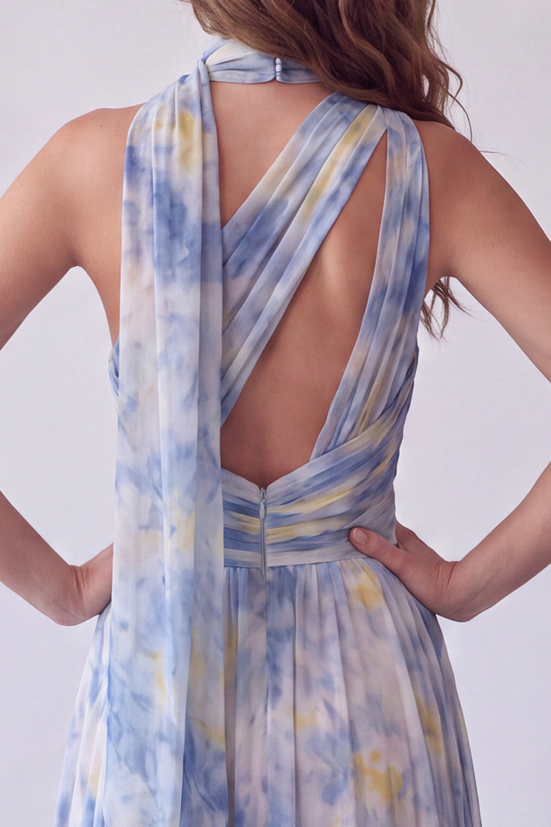 Load image into Gallery viewer, Dusty Blue Floral One Shoulder Pleated Long Formal Dress with Keyhole