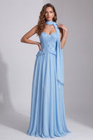 Load image into Gallery viewer, Sky Blue Sparkly A Line Neck Scarf Long Formal Dress with Sequins
