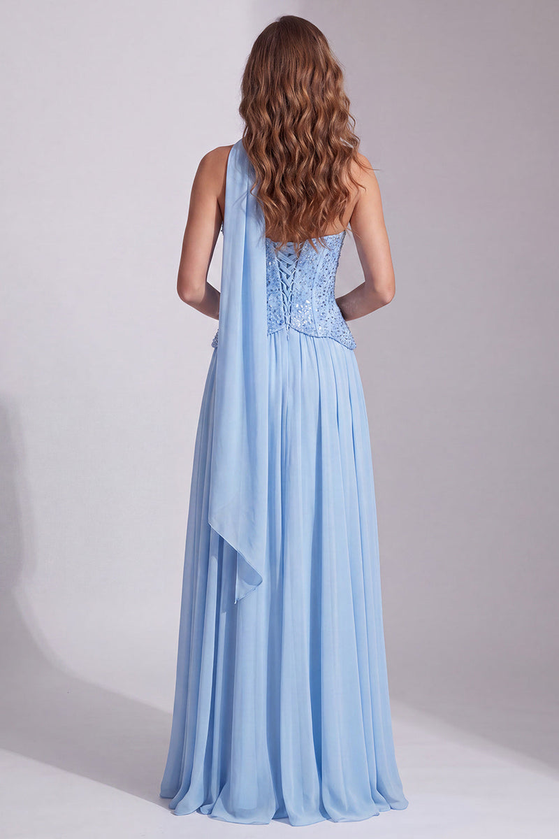 Load image into Gallery viewer, Sky Blue Sparkly A Line Neck Scarf Long Formal Dress with Sequins