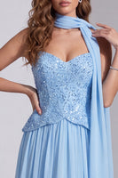Load image into Gallery viewer, Sky Blue Sparkly A Line Neck Scarf Long Formal Dress with Sequins
