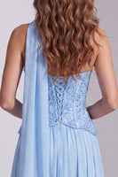 Load image into Gallery viewer, Sky Blue Sparkly A Line Neck Scarf Long Formal Dress with Sequins