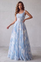 Load image into Gallery viewer, Floral Light Blue A Line Corset Scoop Long Formal Dress