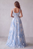 Load image into Gallery viewer, Floral Light Blue A Line Corset Scoop Long Formal Dress