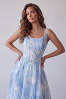 Load image into Gallery viewer, Floral Light Blue A Line Corset Scoop Long Formal Dress