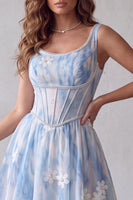 Load image into Gallery viewer, Floral Light Blue A Line Corset Scoop Long Formal Dress
