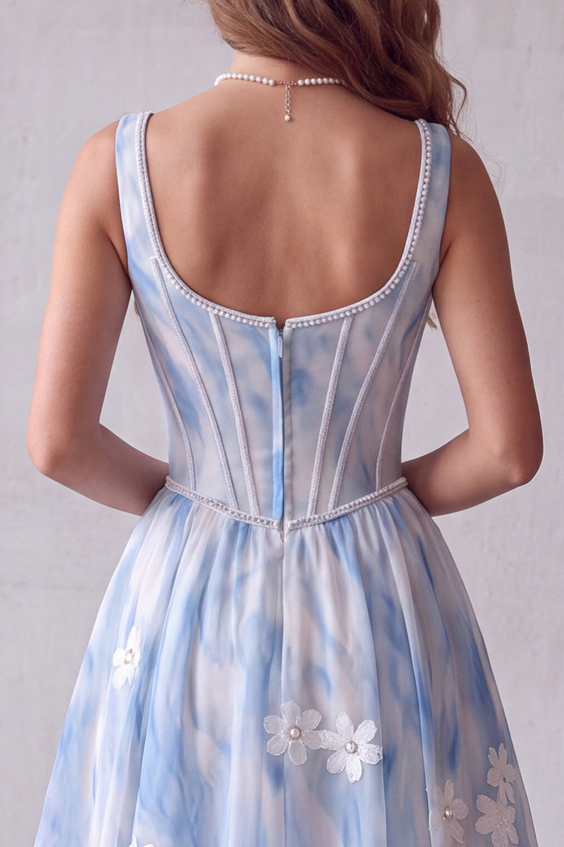 Load image into Gallery viewer, Floral Light Blue A Line Corset Scoop Long Formal Dress