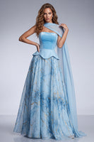 Load image into Gallery viewer, Sky Blue A Line Floral Strapless Velvet Long Formal Dress with Side Cape