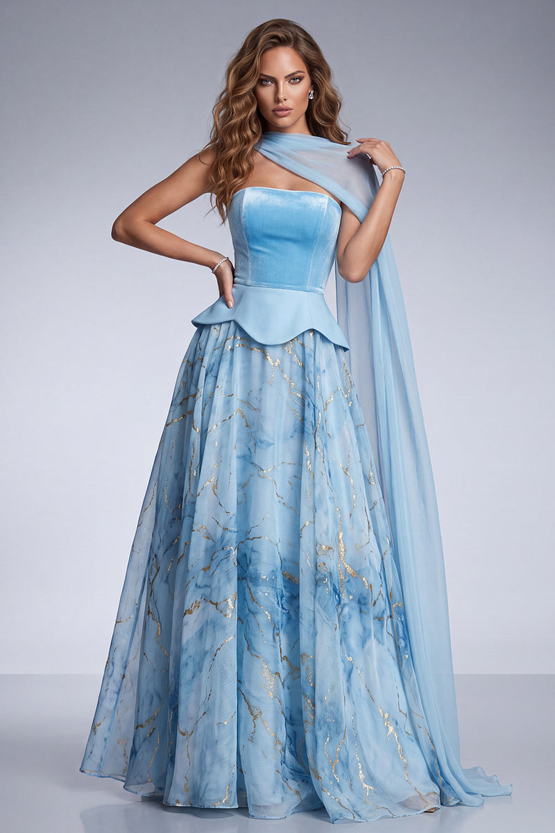 Load image into Gallery viewer, Sky Blue A Line Floral Strapless Velvet Long Formal Dress with Side Cape