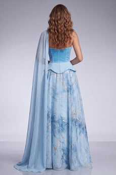 Sky Blue A Line Floral Strapless Velvet Long Formal Dress with Side Cape