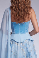 Load image into Gallery viewer, Sky Blue A Line Floral Strapless Velvet Long Formal Dress with Side Cape