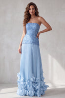 Load image into Gallery viewer, Sparkly Blue A Line Pleated Strapless Maxi Formal Dress with 3D Flowers