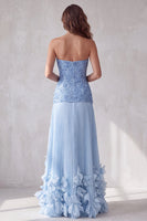 Load image into Gallery viewer, Sparkly Blue A Line Pleated Strapless Maxi Formal Dress with 3D Flowers