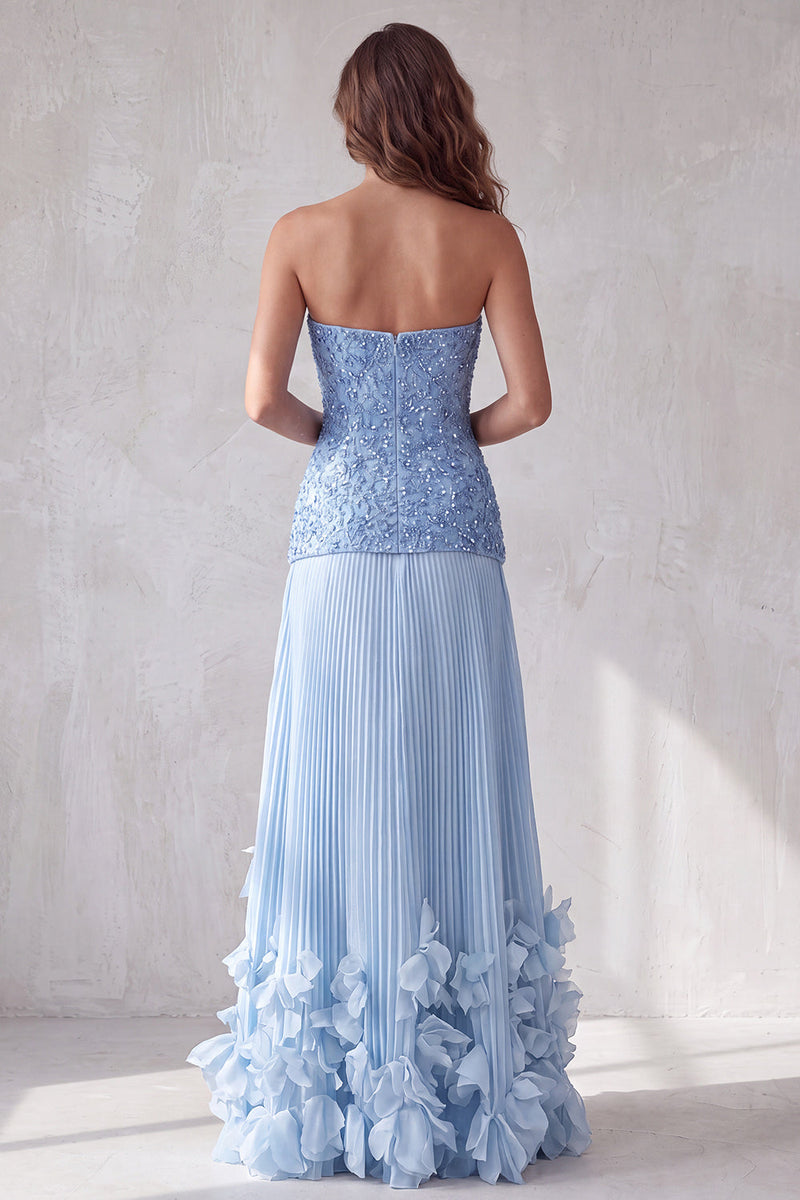 Load image into Gallery viewer, Sparkly Blue A Line Pleated Strapless Maxi Formal Dress with 3D Flowers