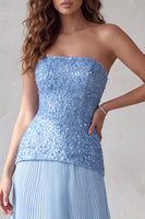 Load image into Gallery viewer, Sparkly Blue A Line Pleated Strapless Maxi Formal Dress with 3D Flowers