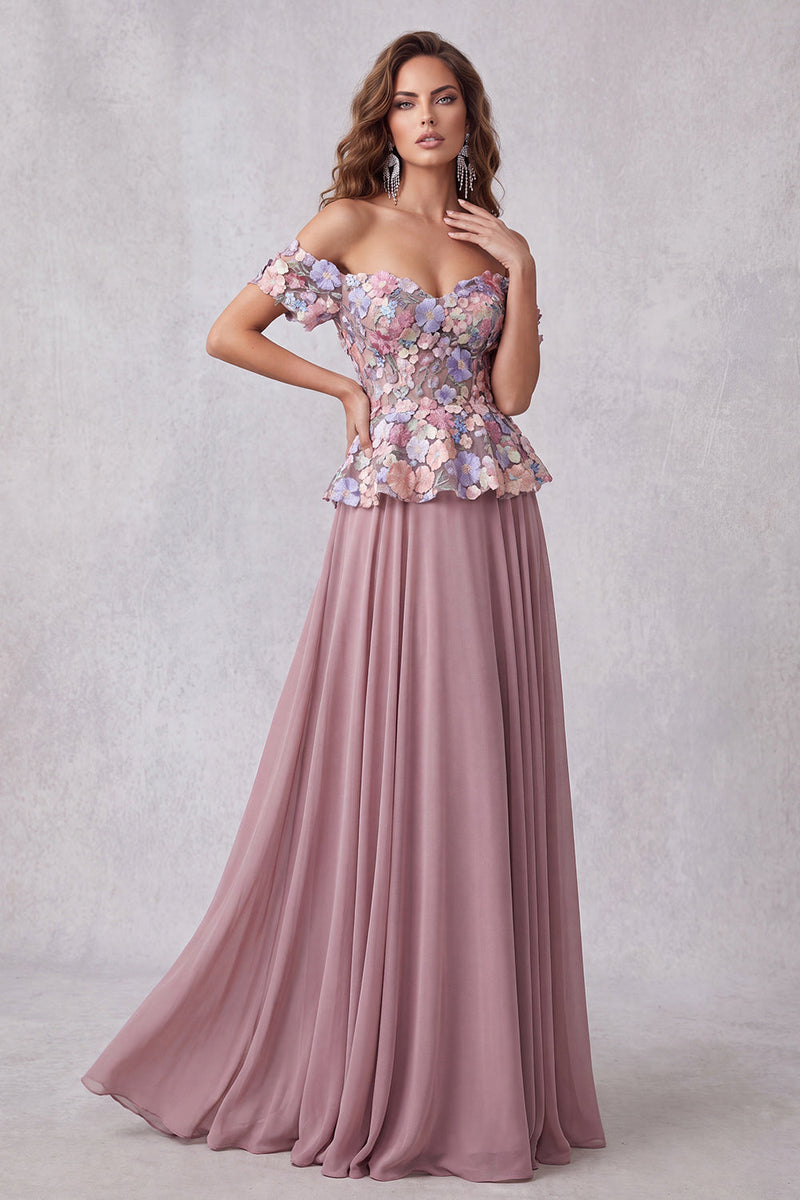 Load image into Gallery viewer, Vintage Mauve Floral A Line Chiffon Off the Shoulder Long Formal Dress
