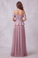 Load image into Gallery viewer, Vintage Mauve Floral A Line Chiffon Off the Shoulder Long Formal Dress