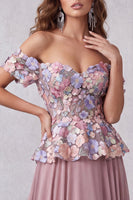 Load image into Gallery viewer, Vintage Mauve Floral A Line Chiffon Off the Shoulder Long Formal Dress