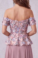 Load image into Gallery viewer, Vintage Mauve Floral A Line Chiffon Off the Shoulder Long Formal Dress
