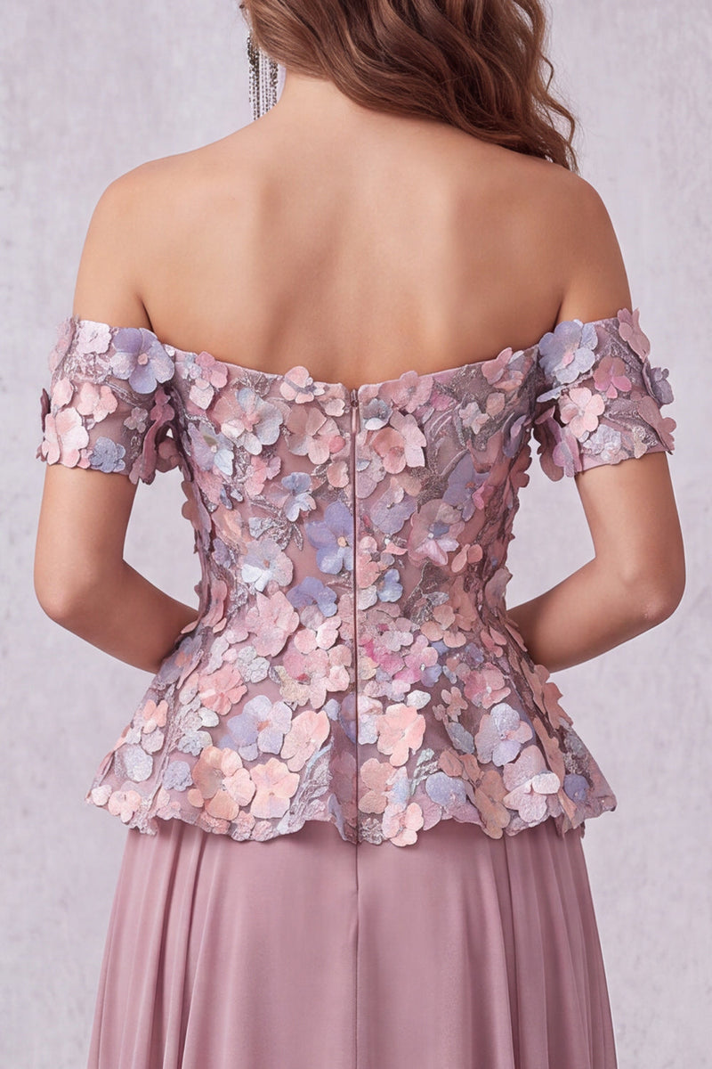 Load image into Gallery viewer, Vintage Mauve Floral A Line Chiffon Off the Shoulder Long Formal Dress