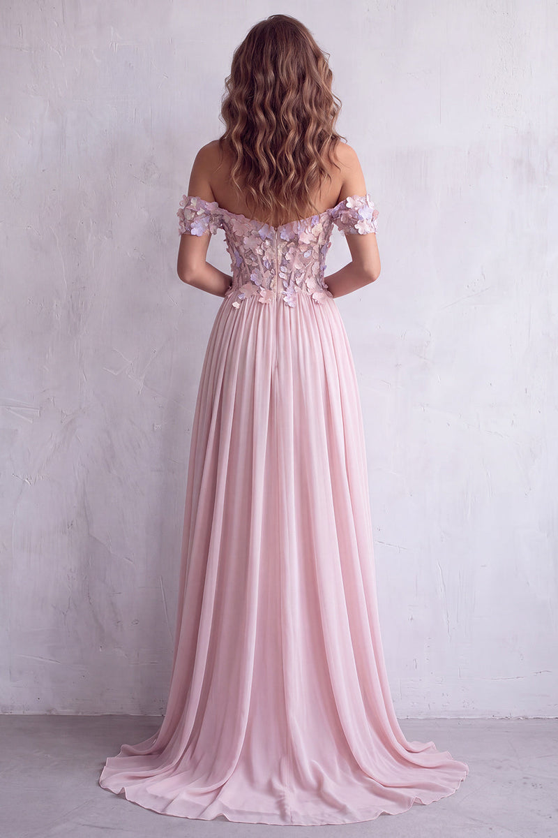 Load image into Gallery viewer, A Line Light Pink Corset Floral Chiffon Maxi Formal Dress