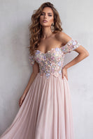 Load image into Gallery viewer, A Line Light Pink Corset Floral Chiffon Maxi Formal Dress