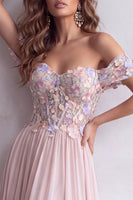 Load image into Gallery viewer, A Line Light Pink Corset Floral Chiffon Maxi Formal Dress