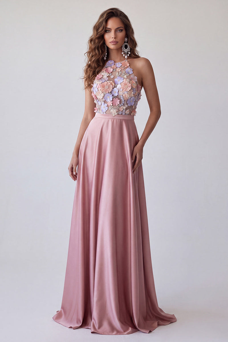 Load image into Gallery viewer, Floral Pink Halter A Line Satin Long Formal Dress with Keyhole
