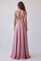Load image into Gallery viewer, Floral Pink Halter A Line Satin Long Formal Dress with Keyhole