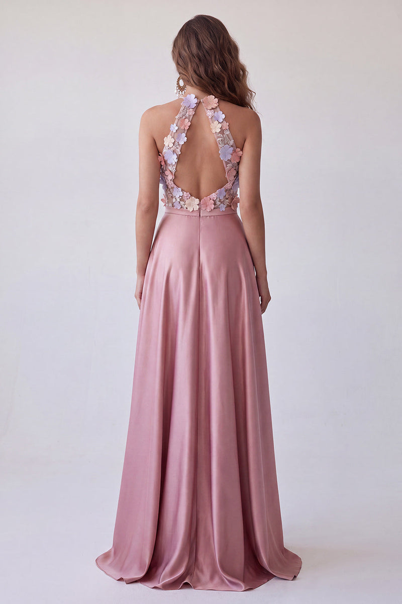 Load image into Gallery viewer, Floral Pink Halter A Line Satin Long Formal Dress with Keyhole