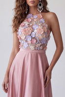 Load image into Gallery viewer, Floral Pink Halter A Line Satin Long Formal Dress with Keyhole