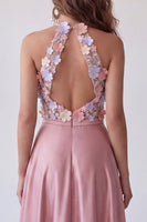 Load image into Gallery viewer, Floral Pink Halter A Line Satin Long Formal Dress with Keyhole